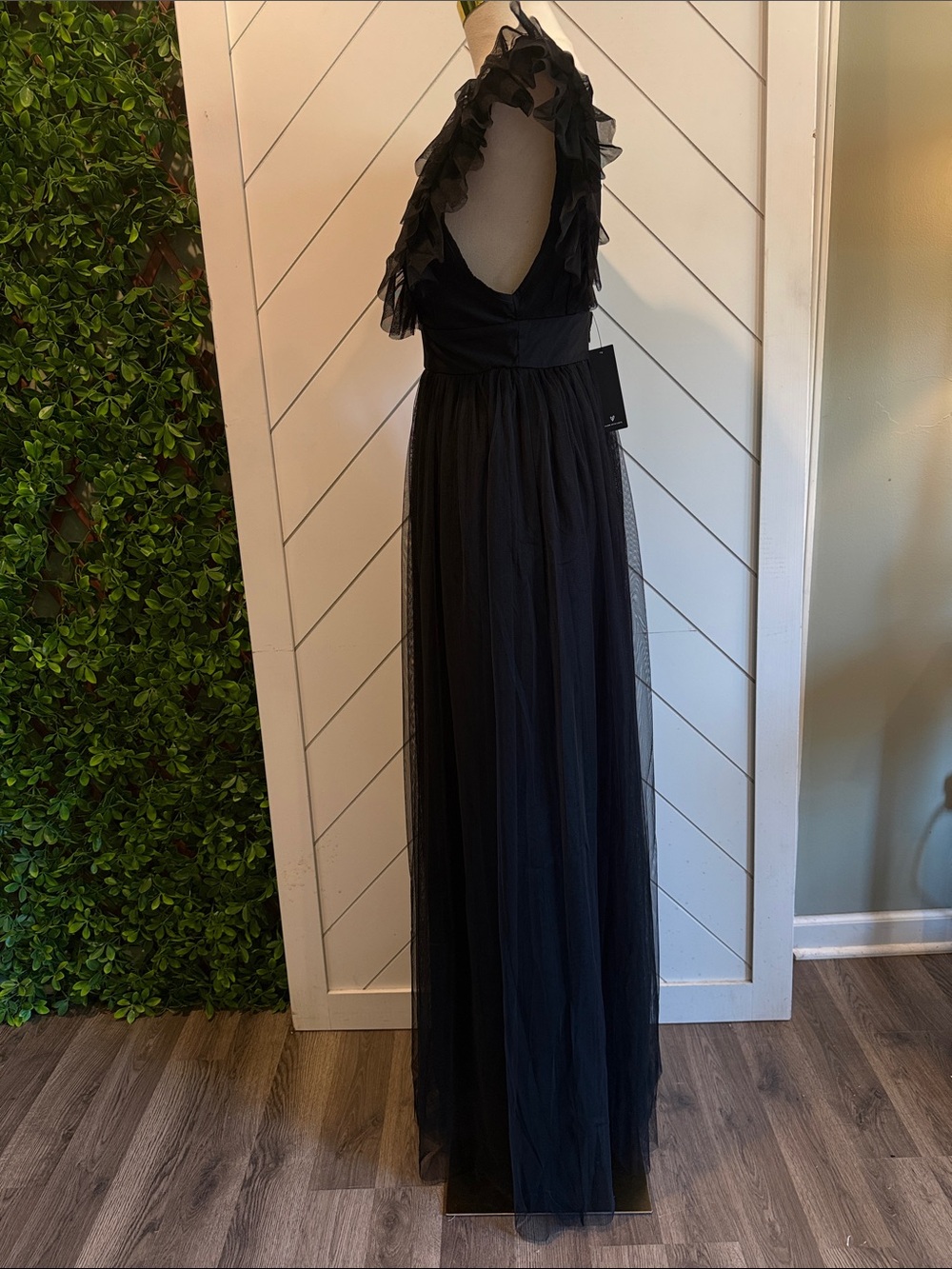 NWT- Simply Delighted Black Mesh Ruffled Backless Maxi Dress - Picture 9 of 15